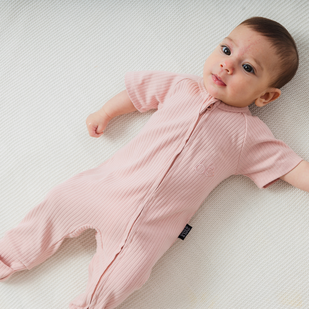 Two-Way Zip Short Sleeve Ribbed Onesie | Smokey Rose