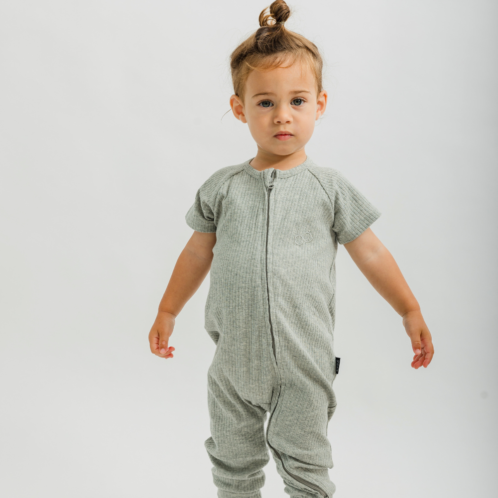 Two-Way Zip Short Sleeve Ribbed Onesie - Grey Marle